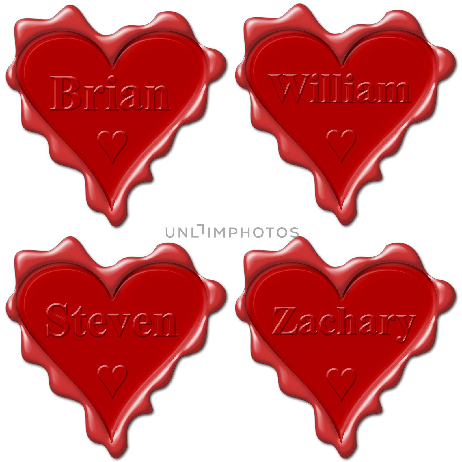 Valentine love hearts with names: Brian, William, Steven, Zachary