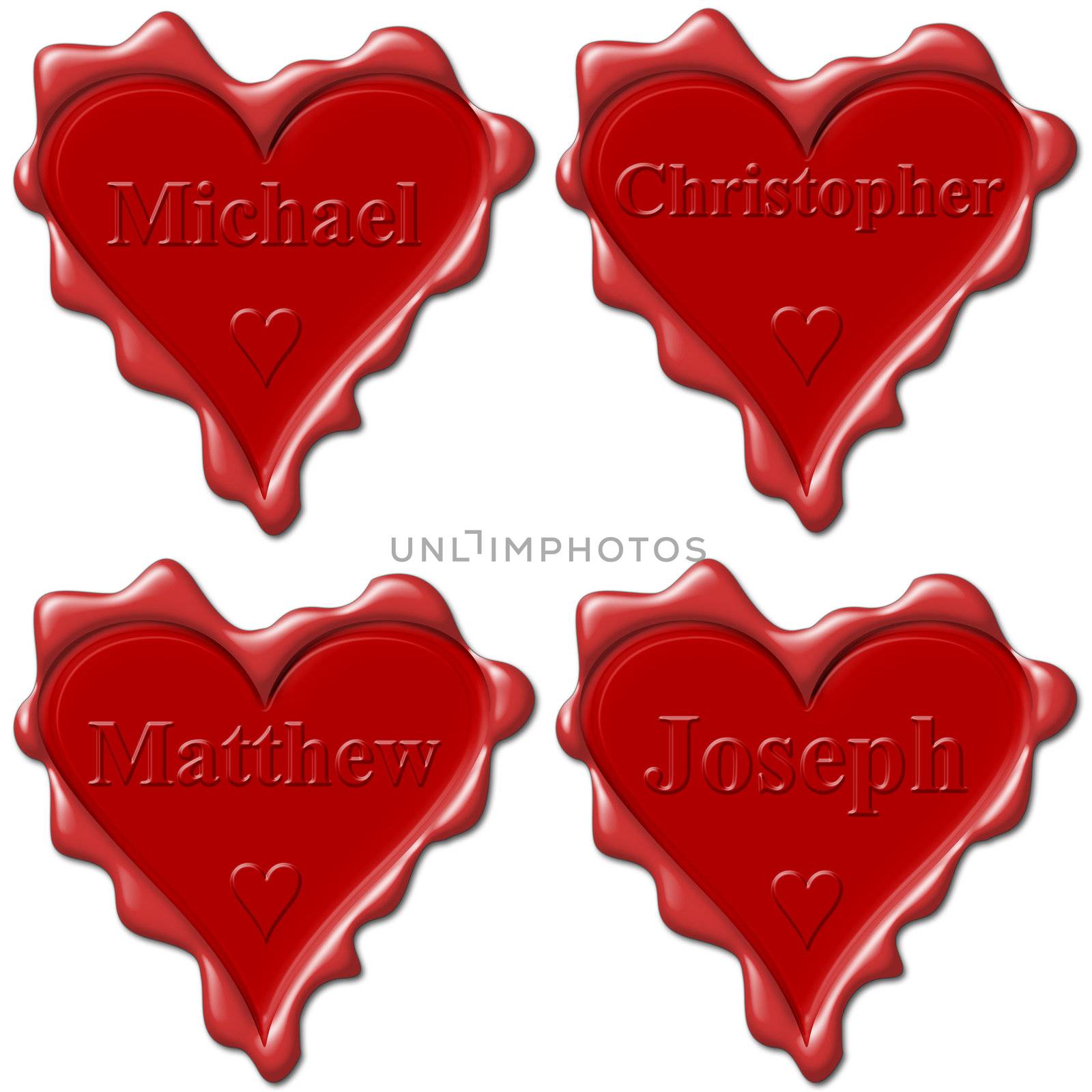 Valentine love hearts with names: Michael, Christopher, Matthew, by mozzyb
