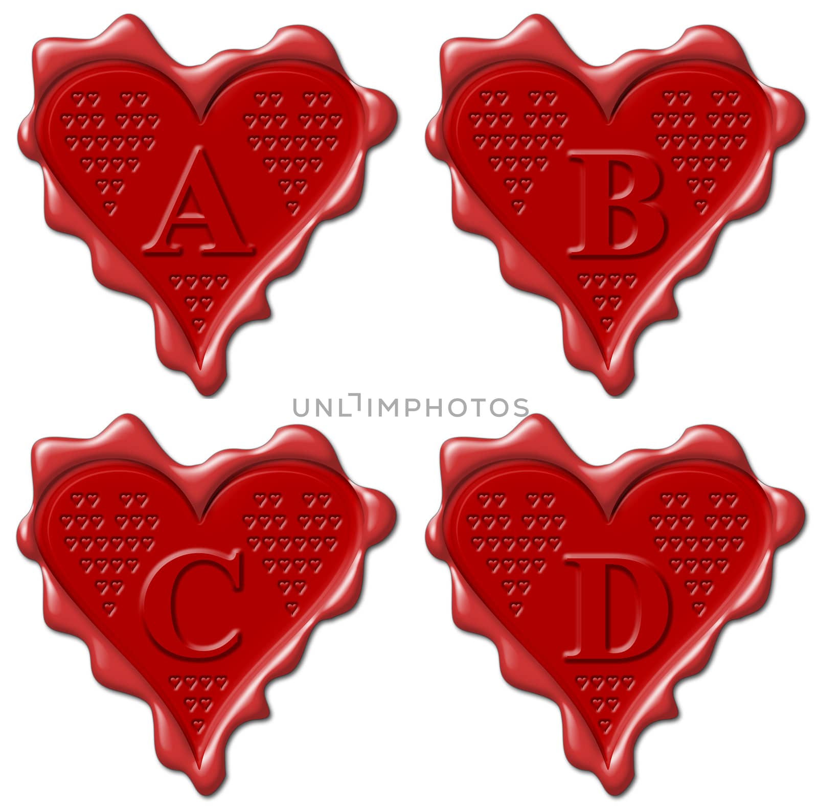 A, B, C, D Heart - red wax seal collection