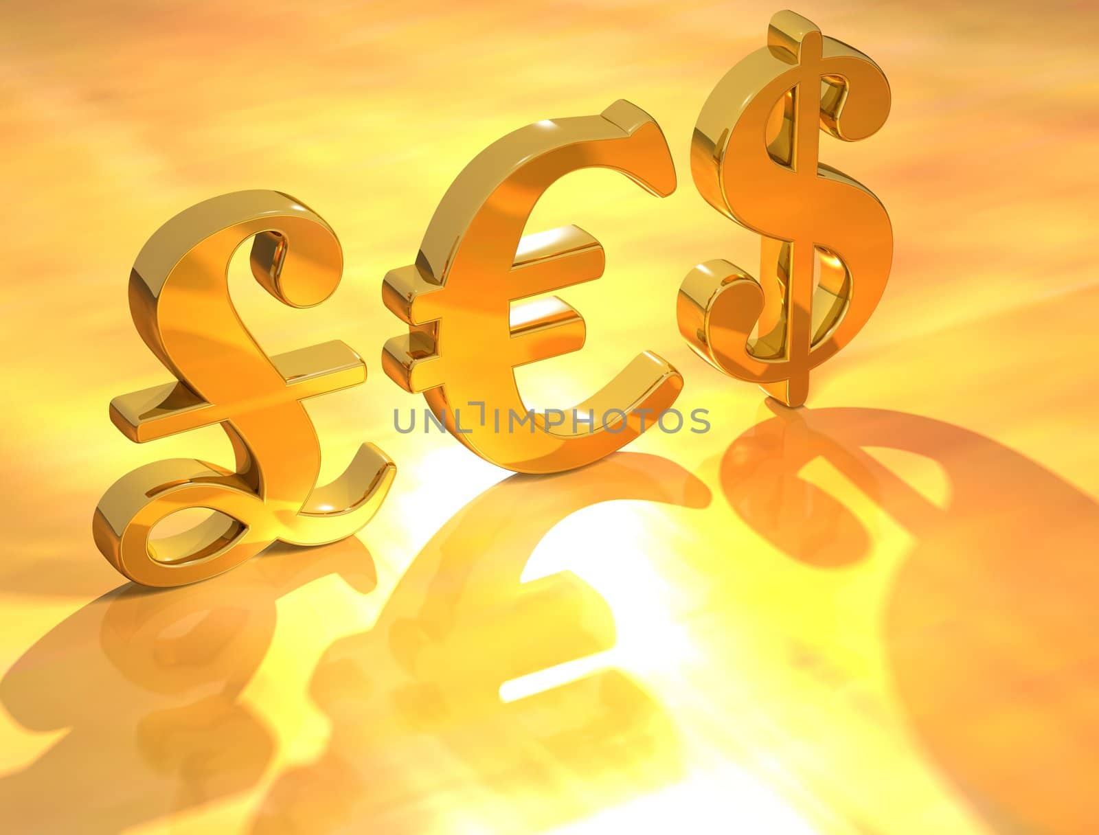 3D Currency Pound Euro Dollar on gold background