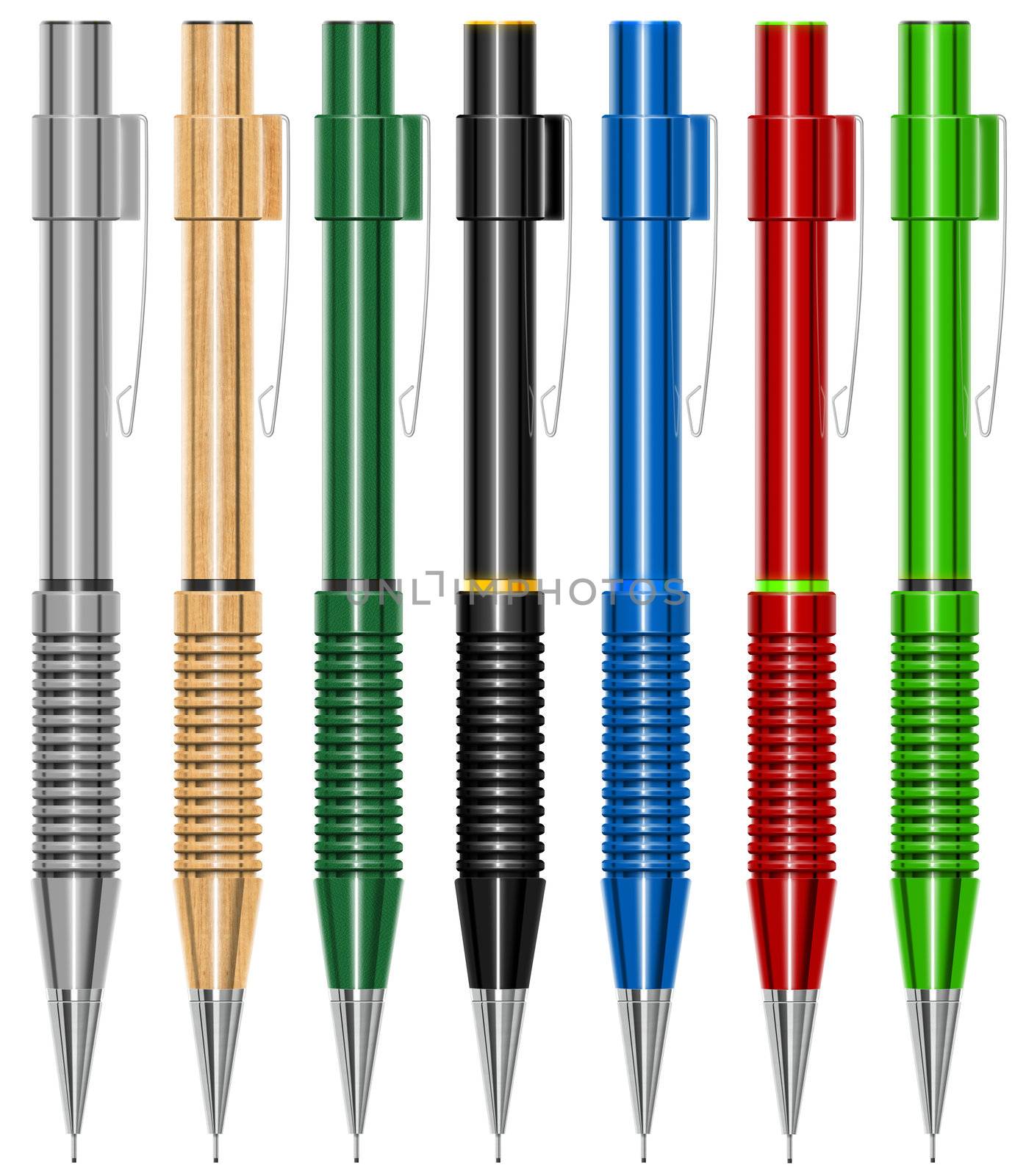 Illustration of 7 multicolored propelling pencils, plastic, wood and leather