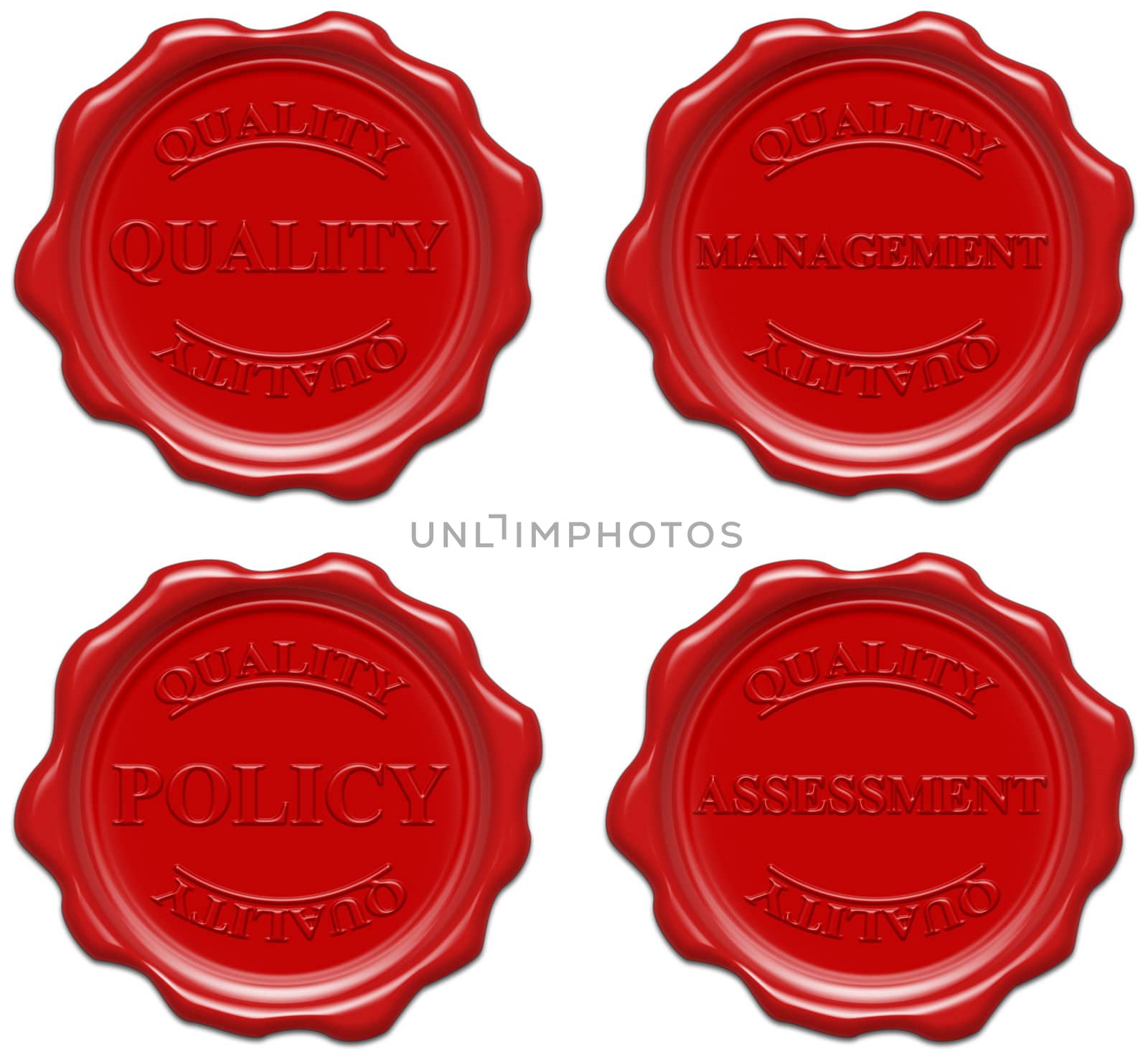 High resolution realistic red wax seal with text : quality, management, policy, assessment