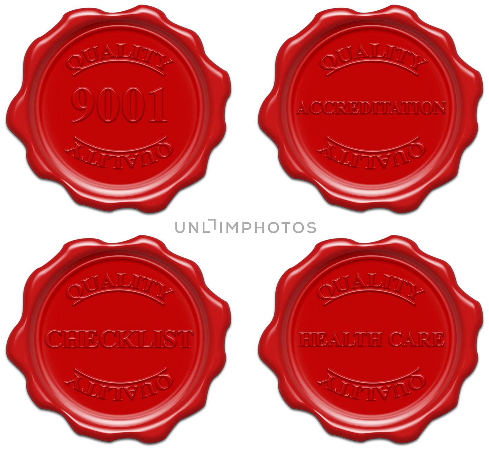 High resolution realistic red wax seal with text : 9001, accreditation, checklist, health care