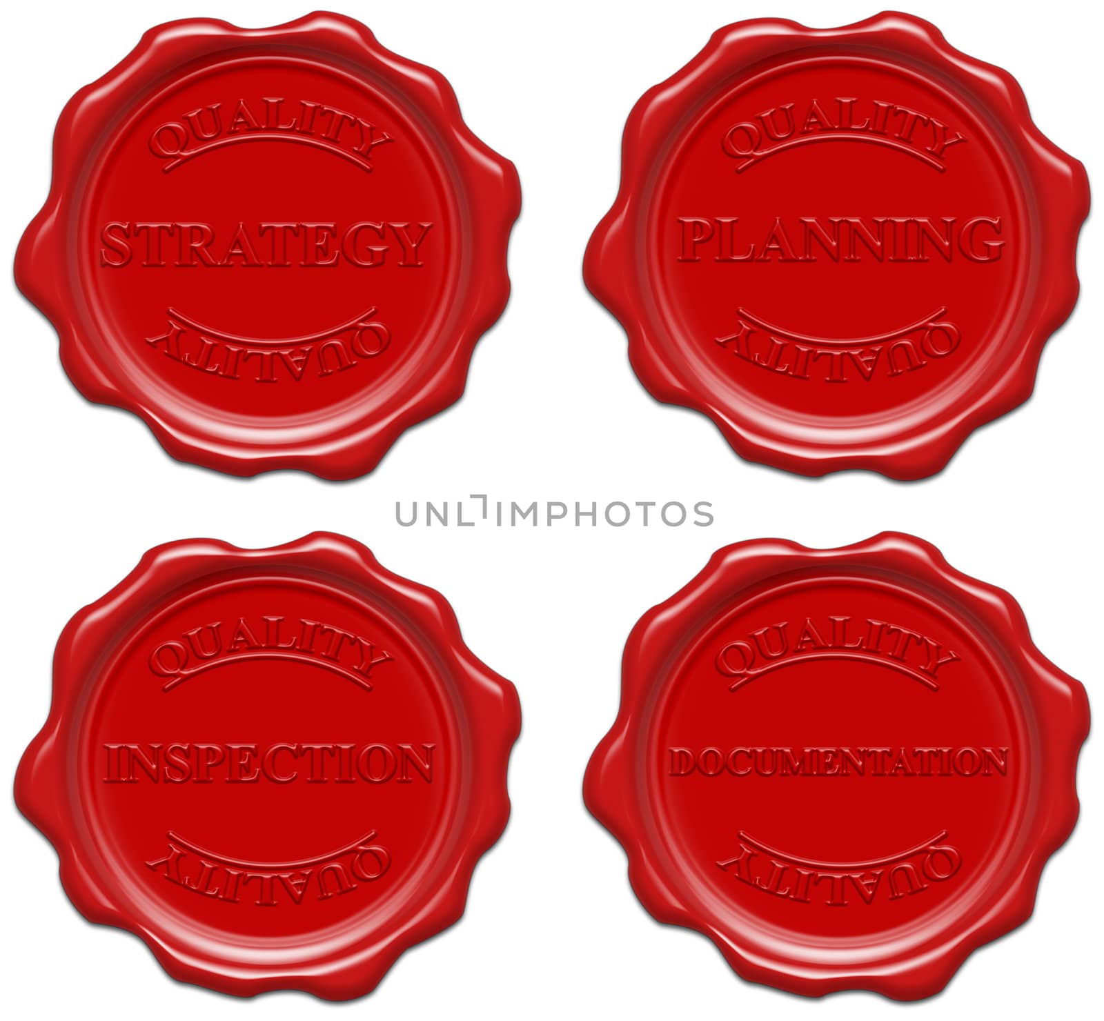 High resolution realistic red wax seal with text : quality, strategy, planning, inspection, documentation