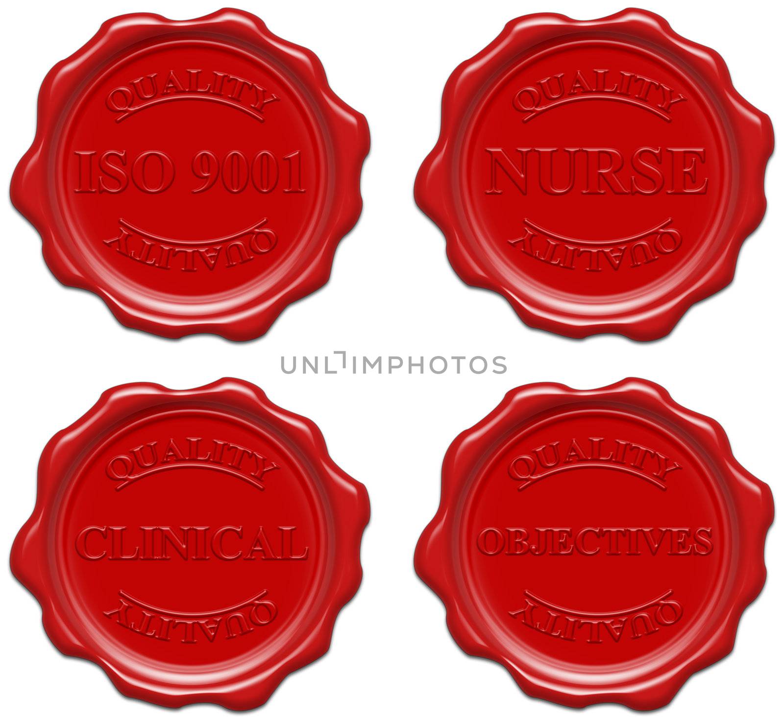High resolution realistic red wax seal with text : quality, iso 9001, nurse, clinical, objectives