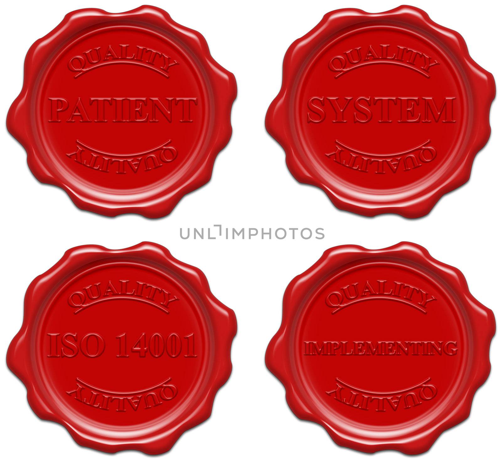 High resolution realistic red wax seal with text : quality, patient, system, iso 14001, implementing