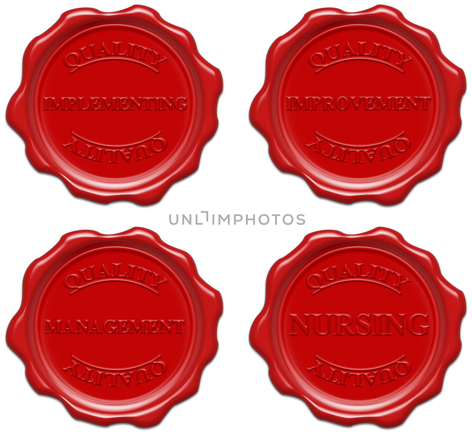 High resolution realistic red wax seal with text : quality, implementing, improvement, management, nursing
