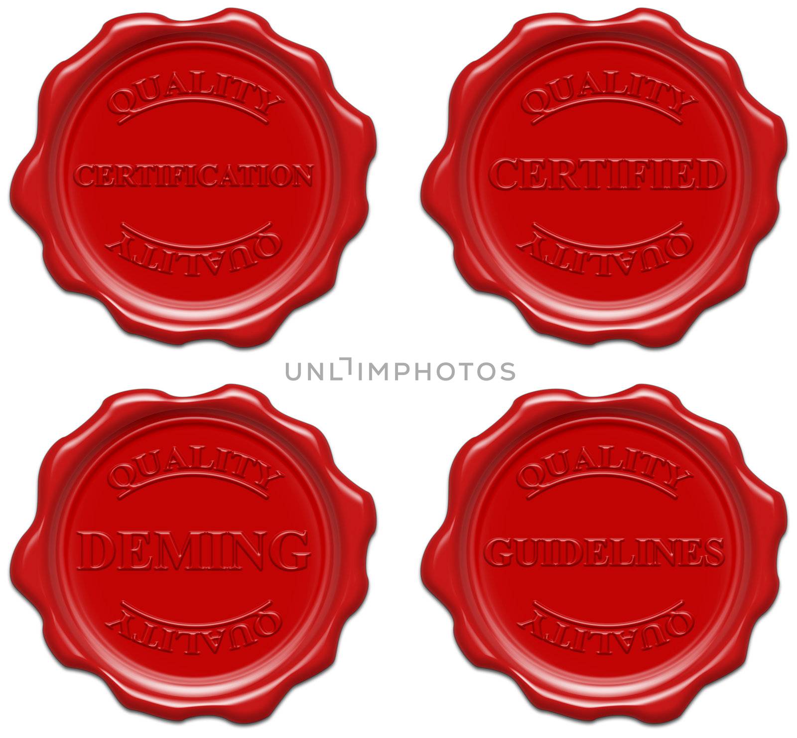 High resolution realistic red wax seal with text : quality, certification, certified, deming, guidelines