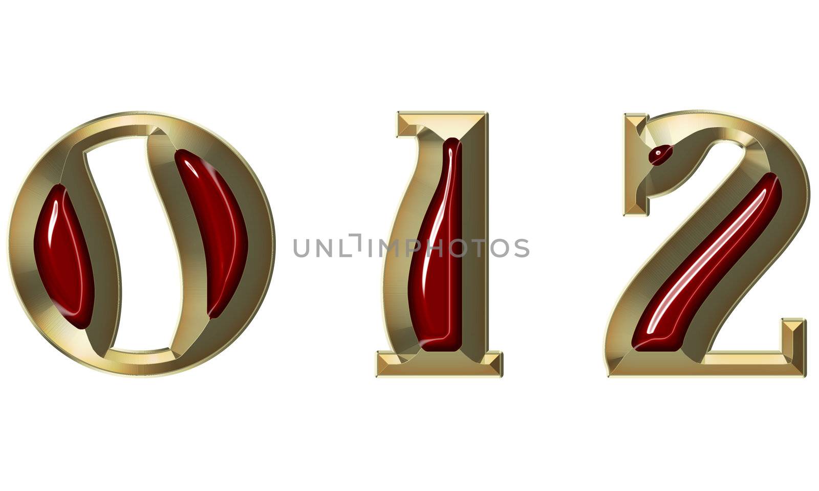 Font from brushed gold with ruby on white background