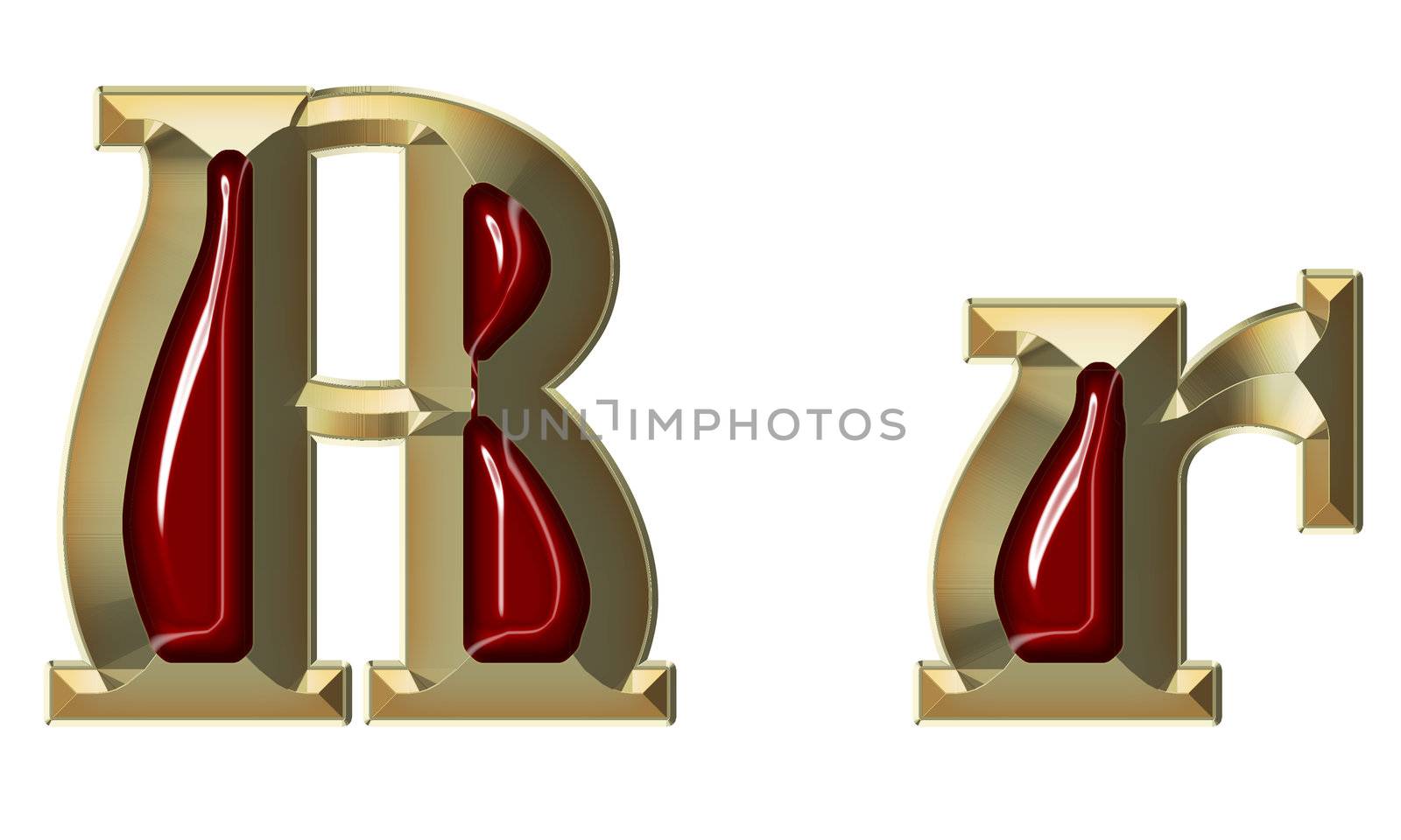 Font from brushed gold with ruby on white background