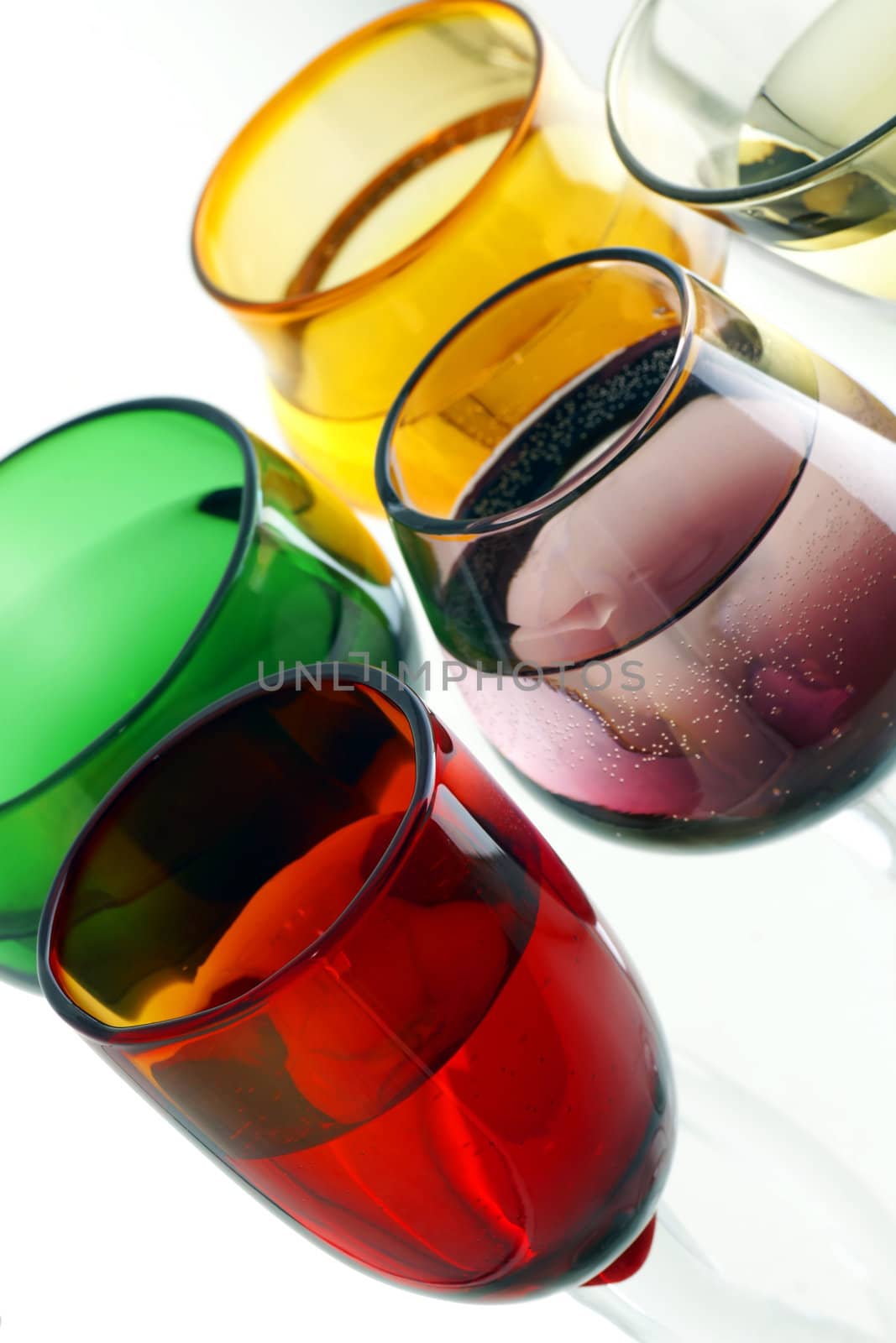 Angle shot of a collection of fun and stylish colorful hand made glasses.