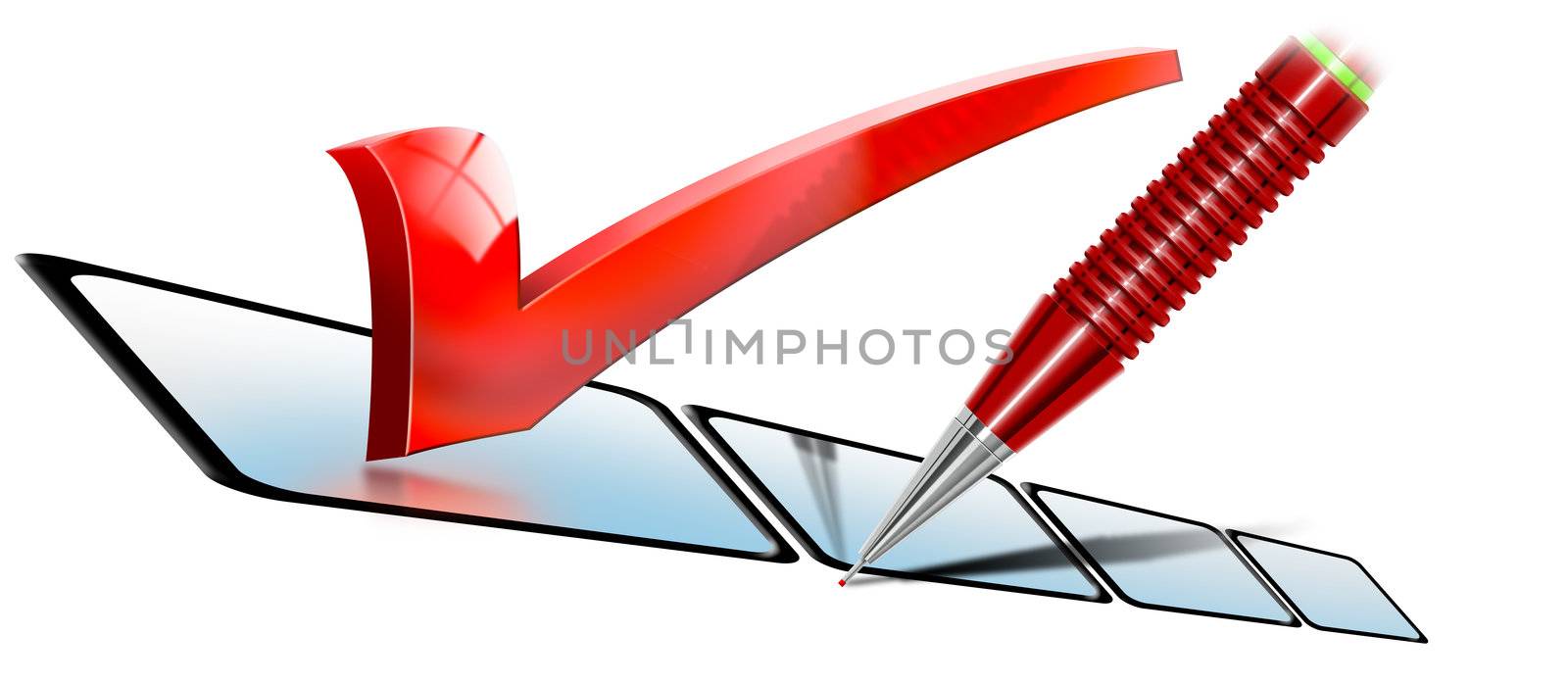 Illustration with red pencil and selection decision with list