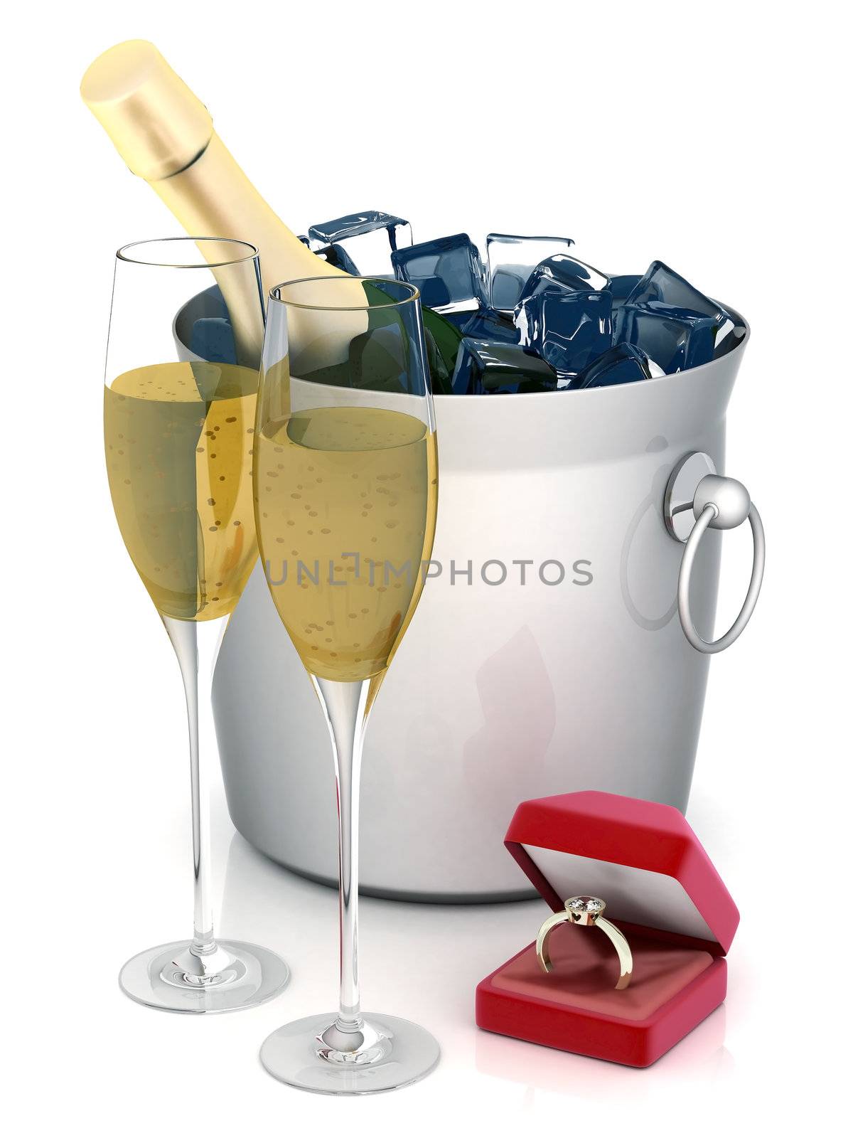 image of wedding rings in a gift box on white background