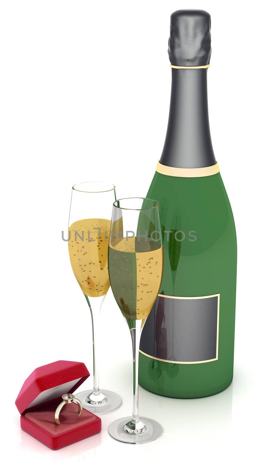 image of wedding rings in a gift box on white background