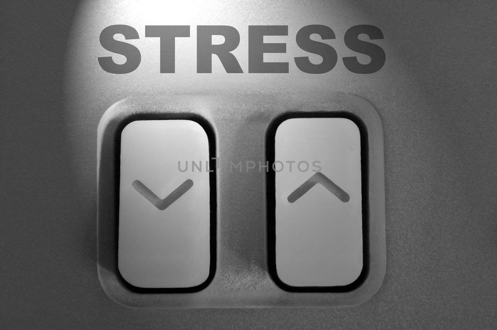 Close up of control arrow buttons with the word 'stress' highlighted by light effect.