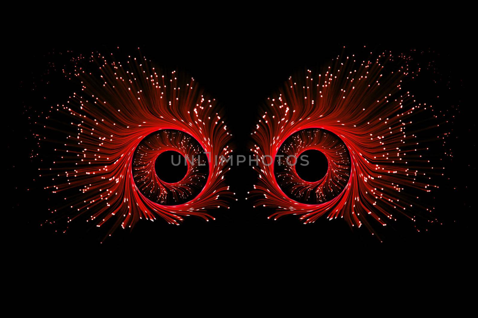 Two eyes composed from many illuminated red fibre optic light strands against a black background.
