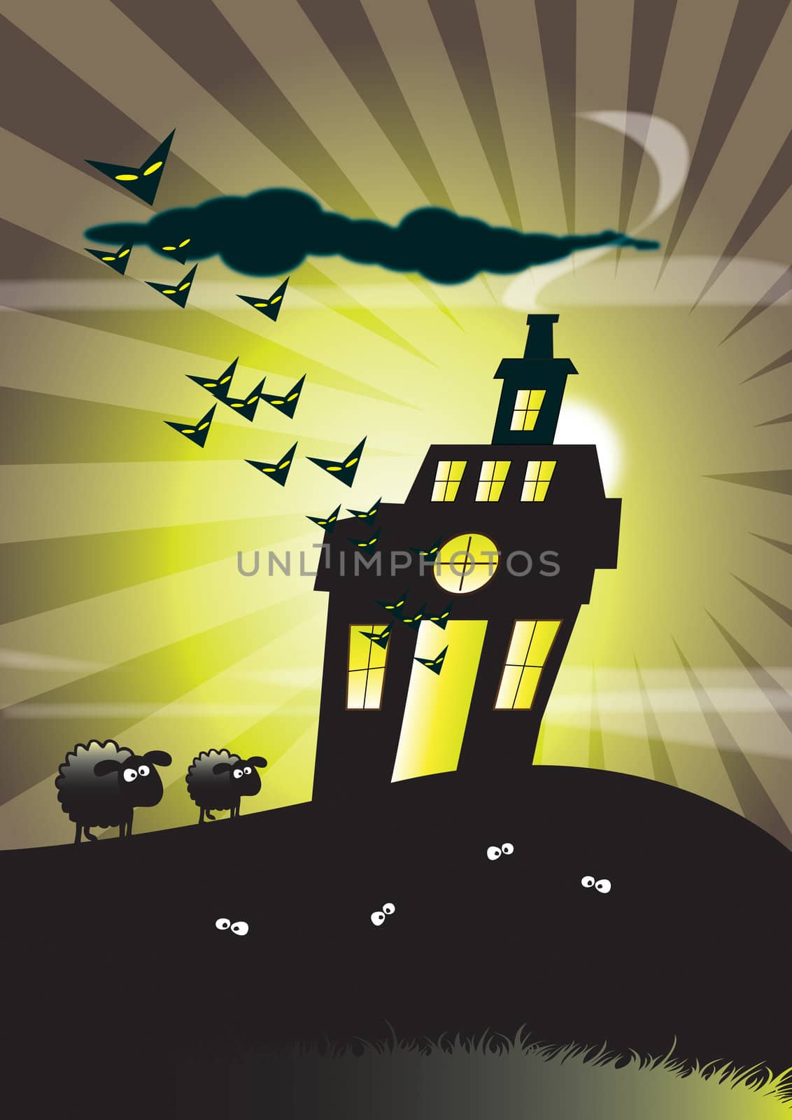 An illustration of a haunted house with flying bats set against a moonlight sky background with the silhouetted figures of sheep. Halloween themed.