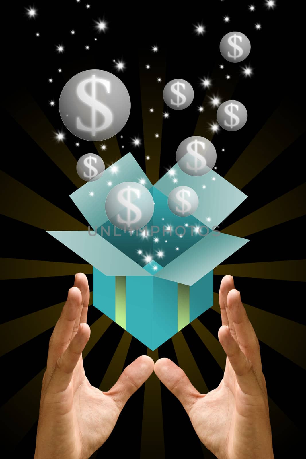 Money bubble flying out from the gift box on the hand by pixbox77