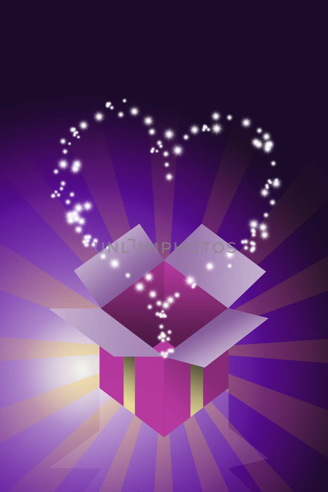 Blessing heart star flying from gift box with purple color background, Gift concept