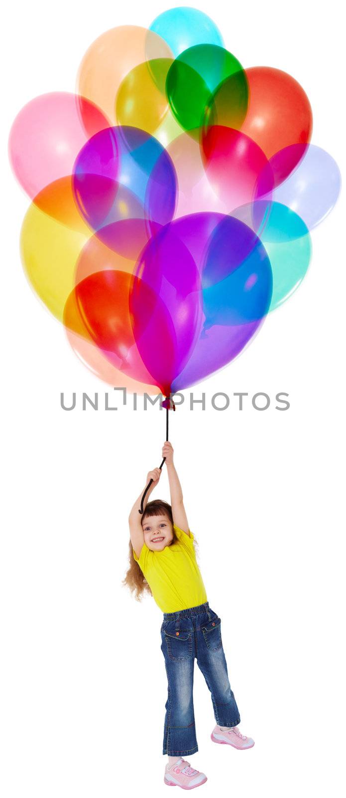 The little girl is flying on a bunch of color balloons