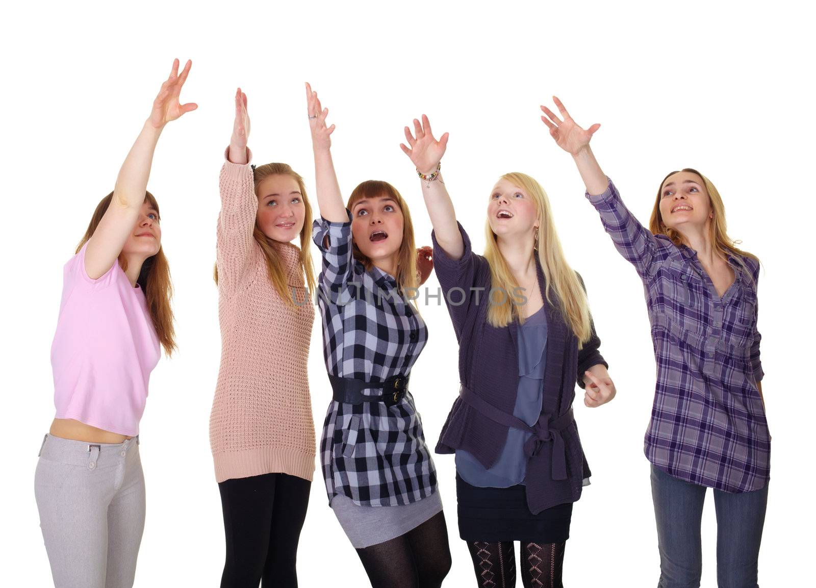 Girls pulling together hands up isolated on white background by pzaxe