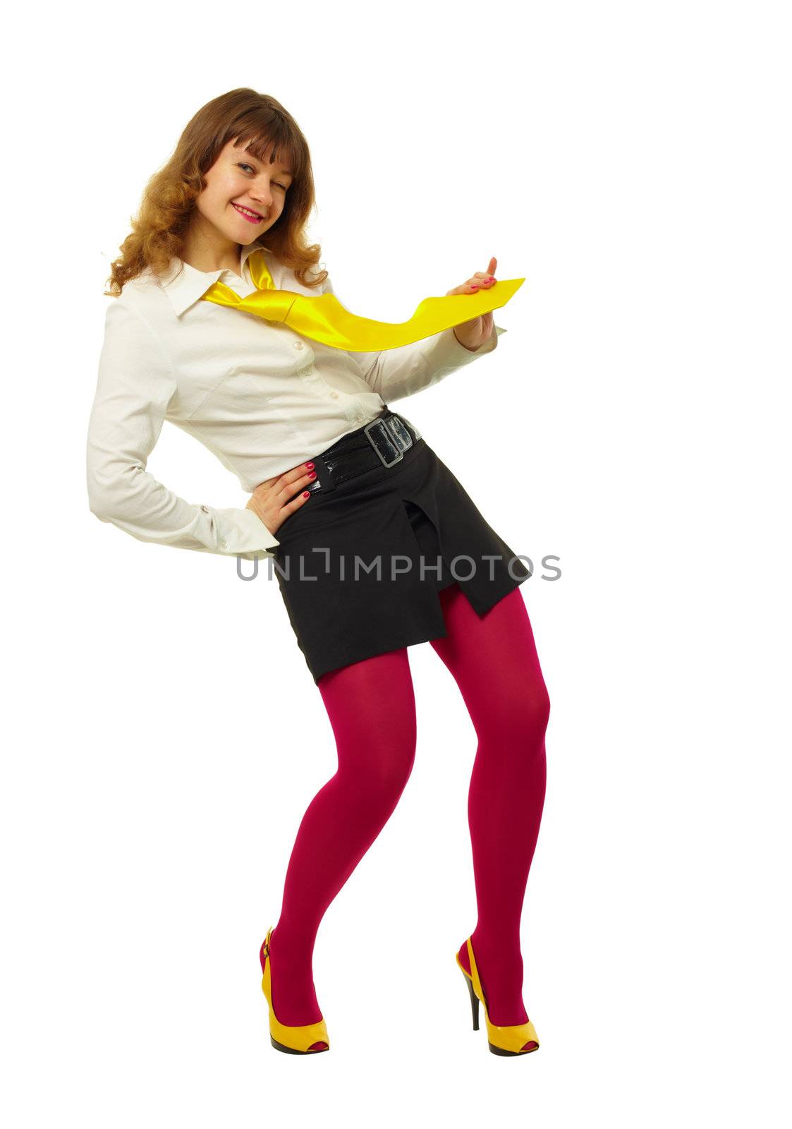 happy girl in a bright colored clothing on a white background
