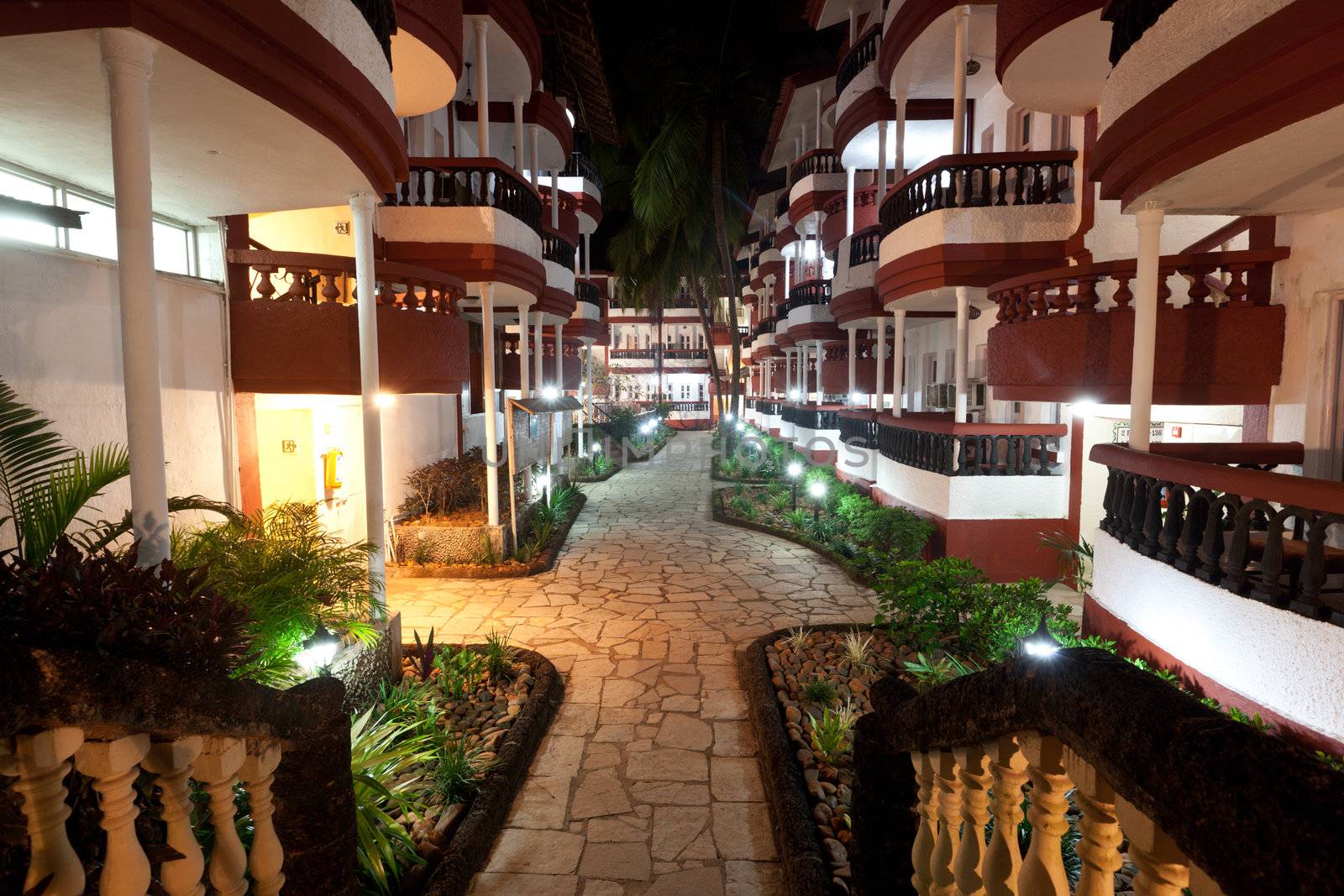 Luxury resort hotel  at night. Goa, India