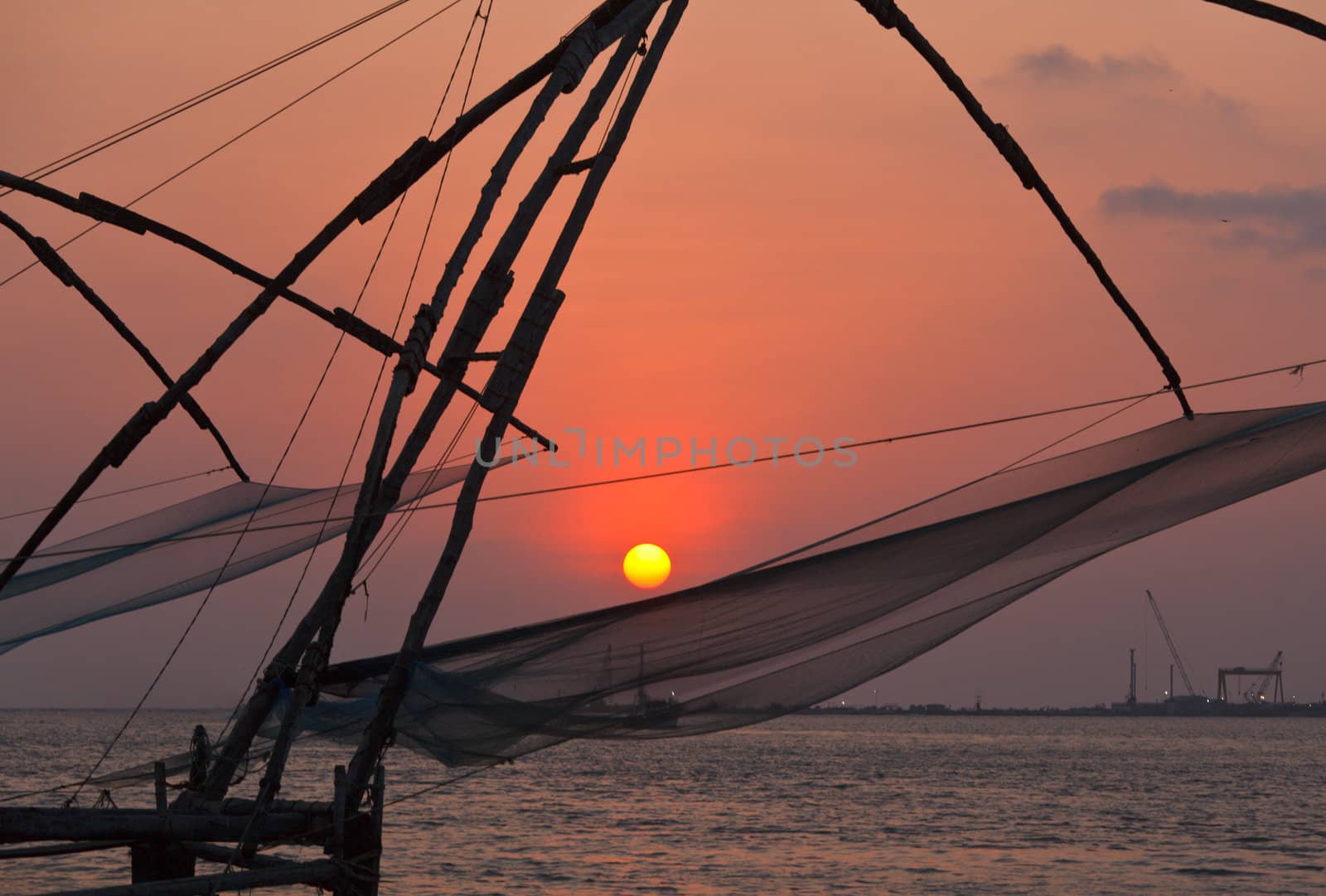 Chinese fishnets on sunset. Kochi, Kerala, India by dimol