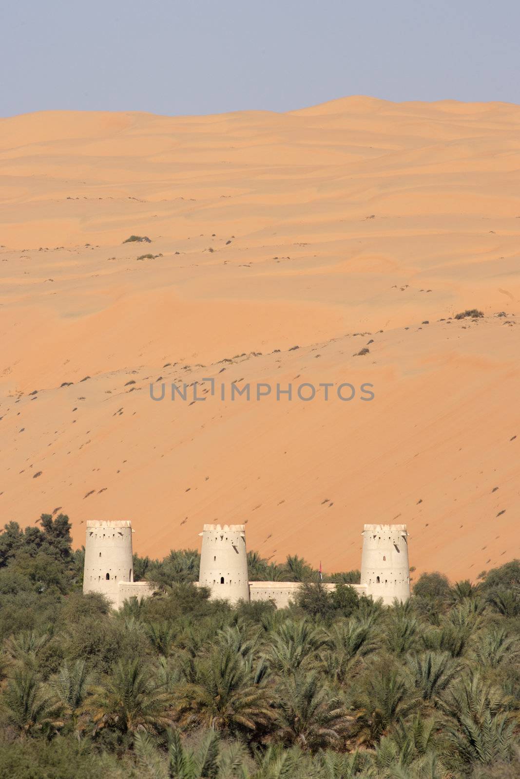 A fort protecting a palm plantation on the edge of the the dunes in the Liwa area of the Empty Quarter.