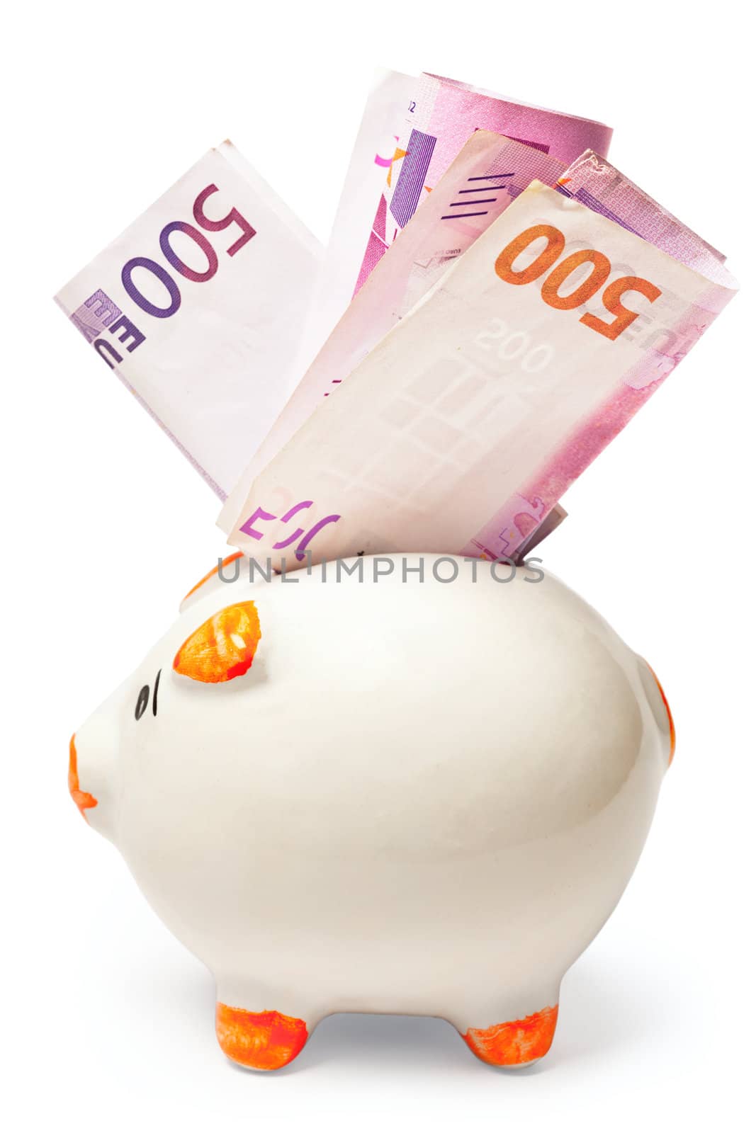 White piggy bank stuffed with euro isolated on white background