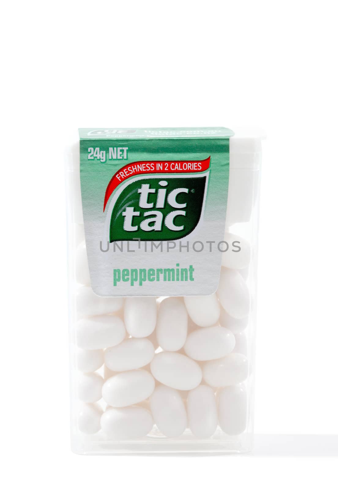 A container of Tic Tac peppermint mints 24g.  Each mint contains 2 calories.  Tic Tacs are owned by Ferrero.