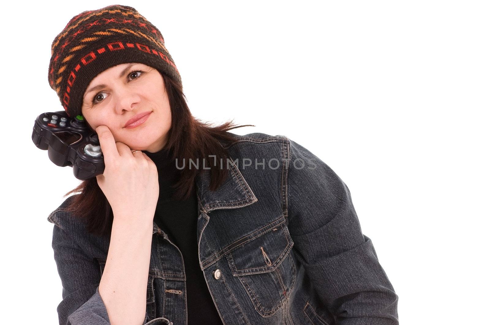 woman gamer with joystick isolated on white background