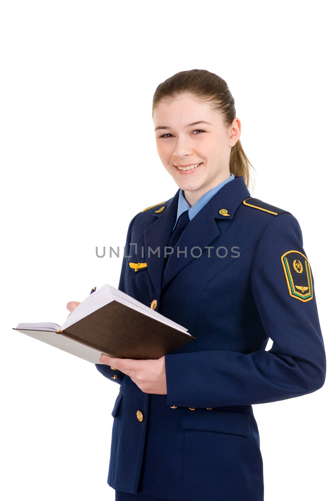 girl in the uniform of the railway with a diary