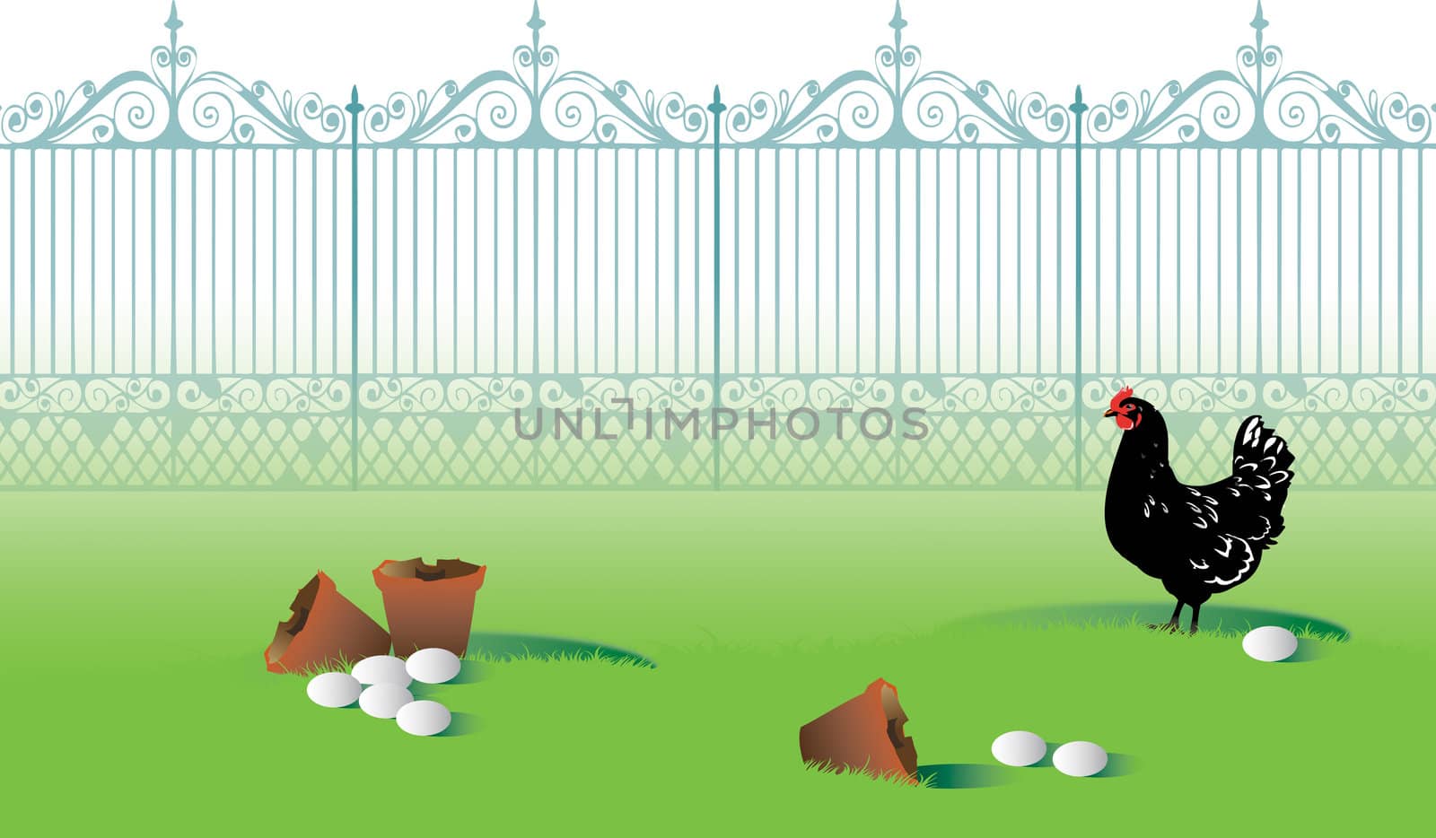 An illustration of a black and white chicken in a garden setting with broken plant pots and freshly laId white eggs. All set in front of a backdrop Of ornate garden gates. French in style, Easter in theme.