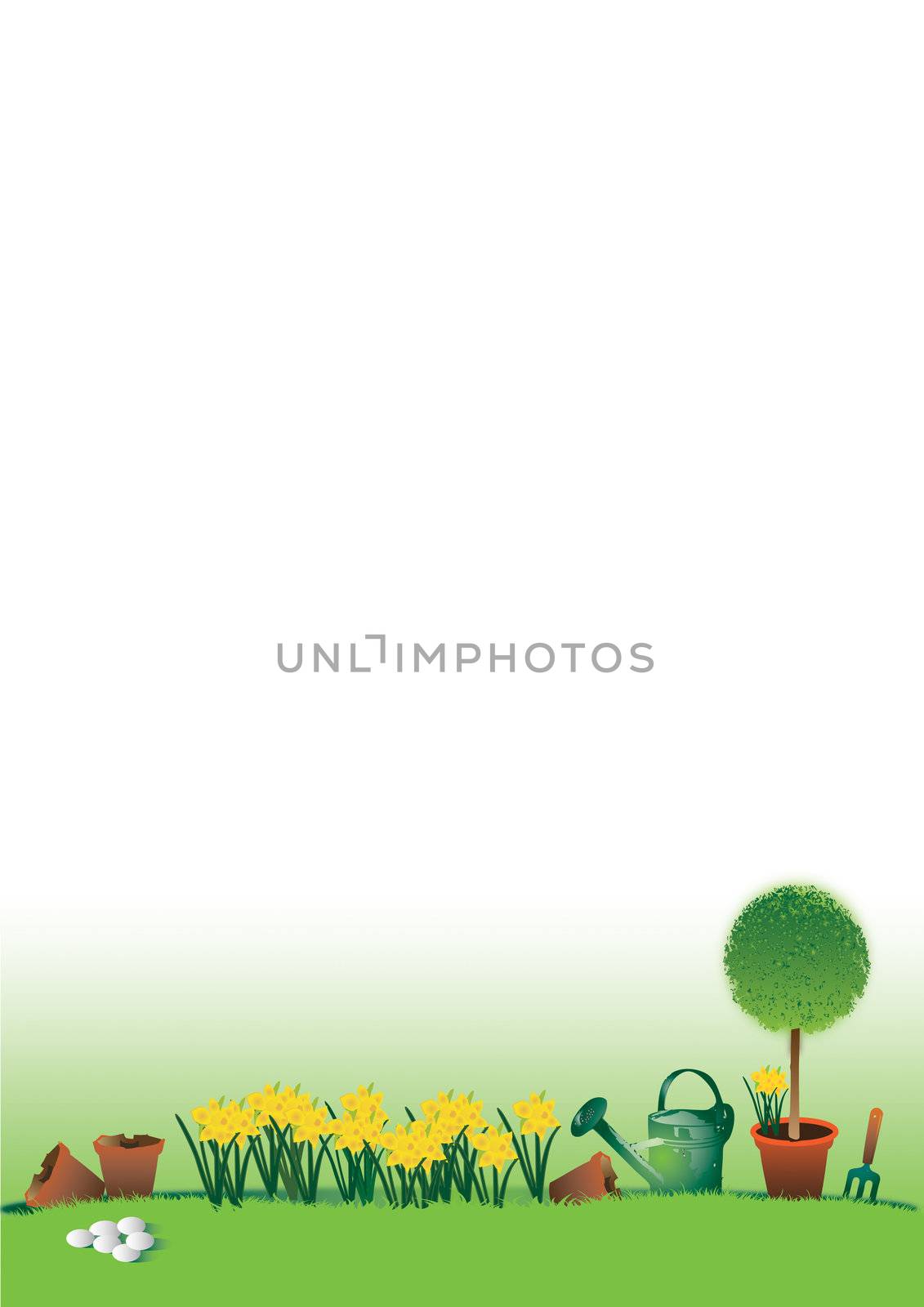 A hand drawn illustration of an easter garden scene with yellow daffodils, a topiary tree, a watering can, broken plant pots and a small garden fork. White eggs are set to the foreground. Easter in theme.