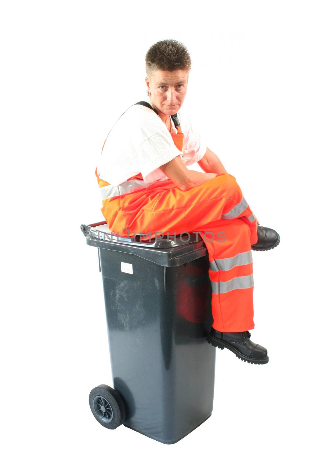 young woman on a garbage can on a white background