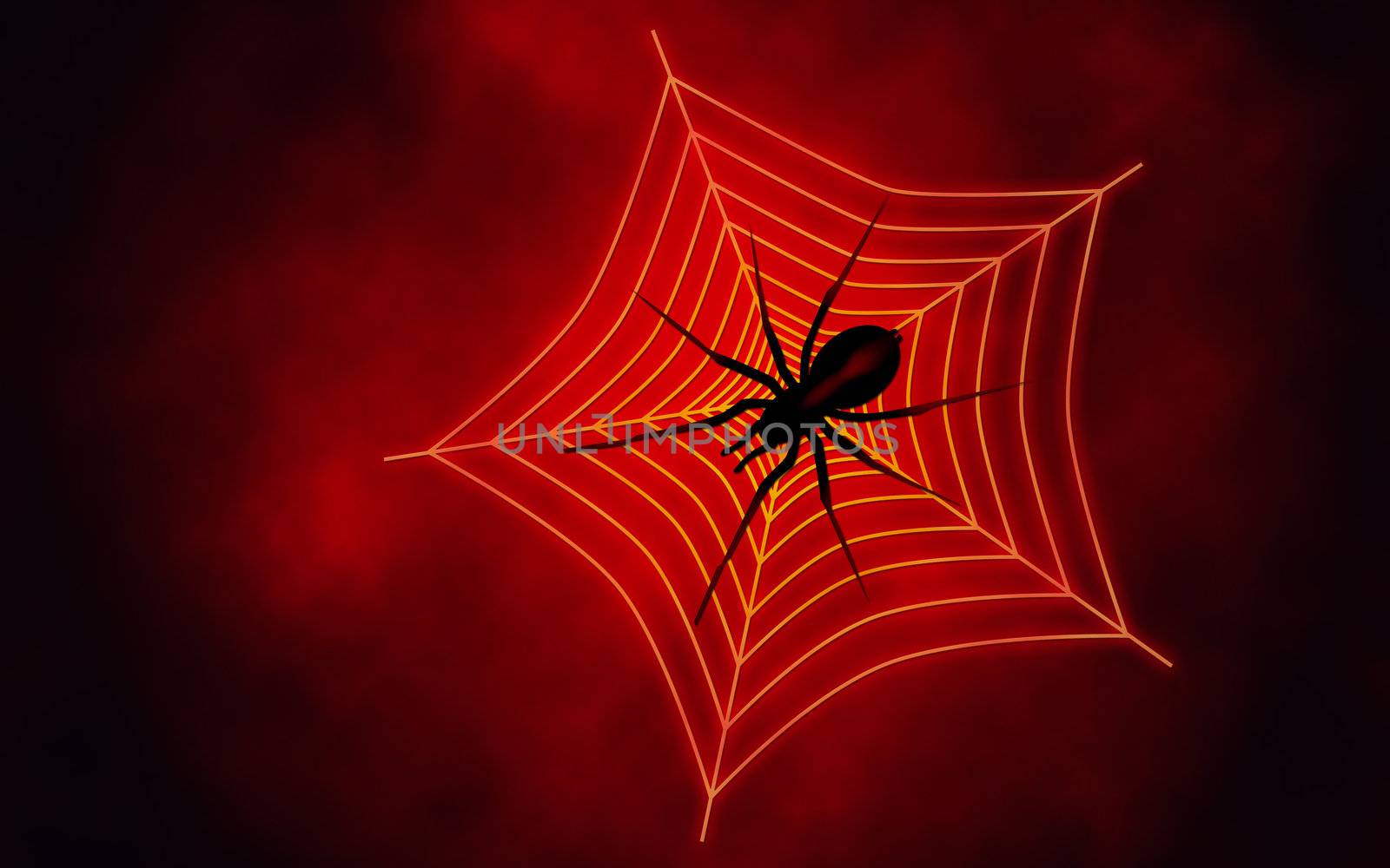 We see Spider web with big spider on red background