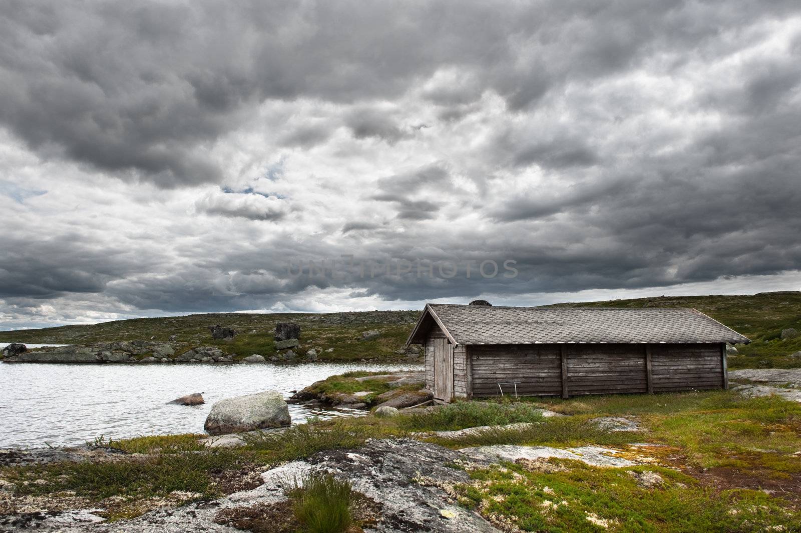 Landscape on the mountain passage between Oslo and Bergen in stormy weather