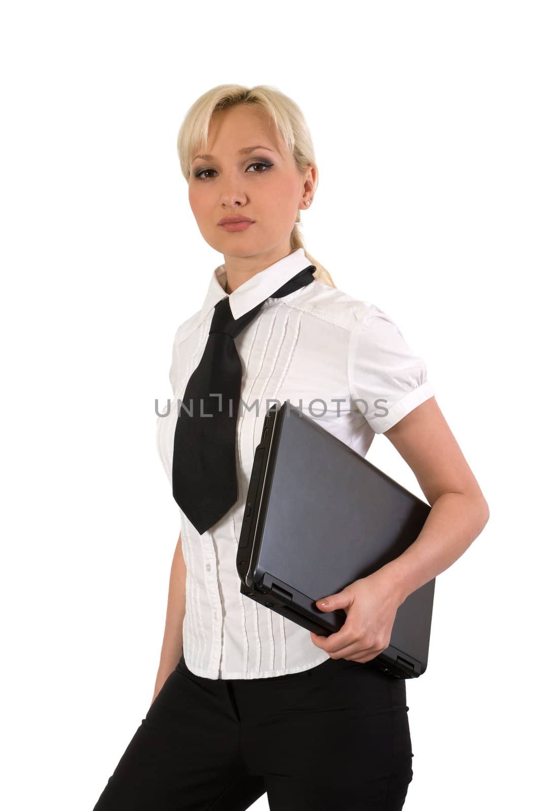 Blonde girl with a laptop isolated on a white background.