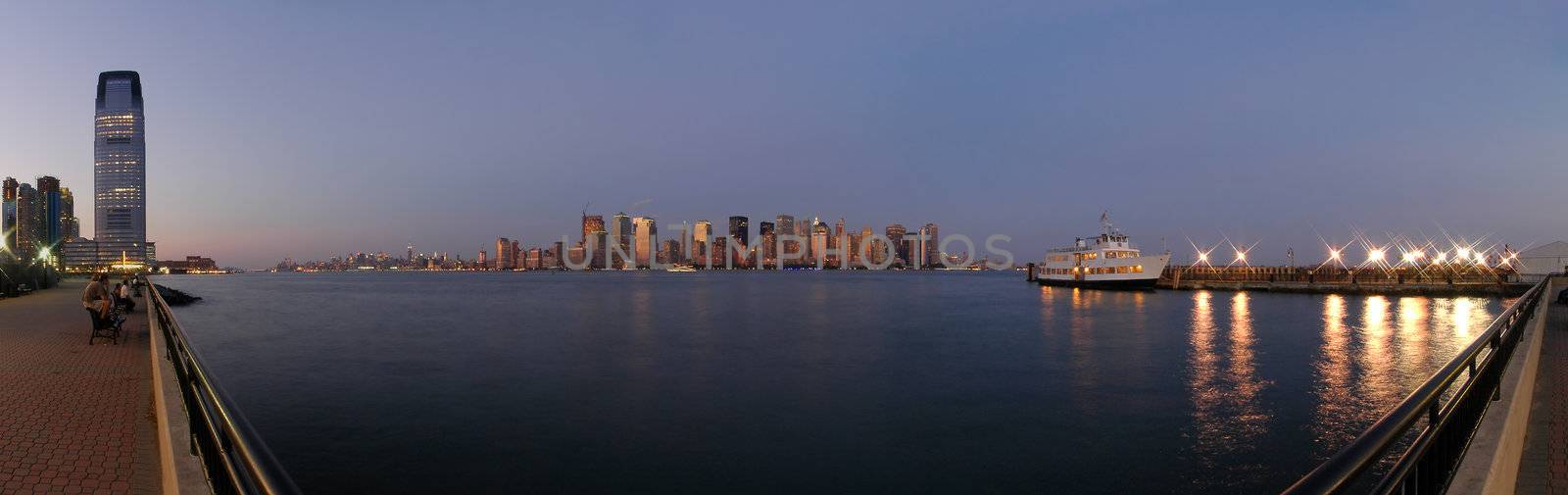 night panorama photo of new york cityscape, photo taken from jersey city, 