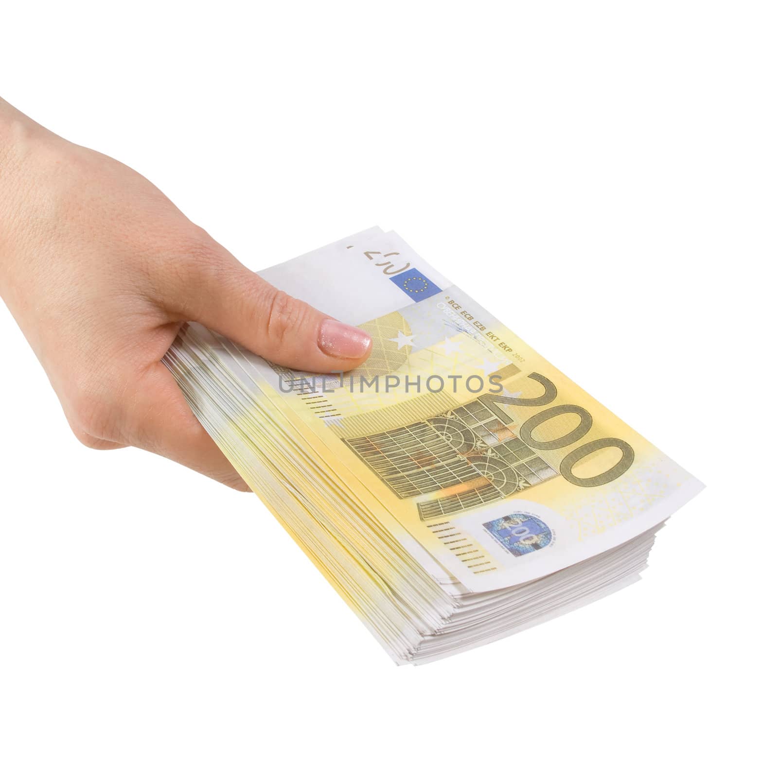 Hand with a bundle of banknotes two hundred euros by BIG_TAU