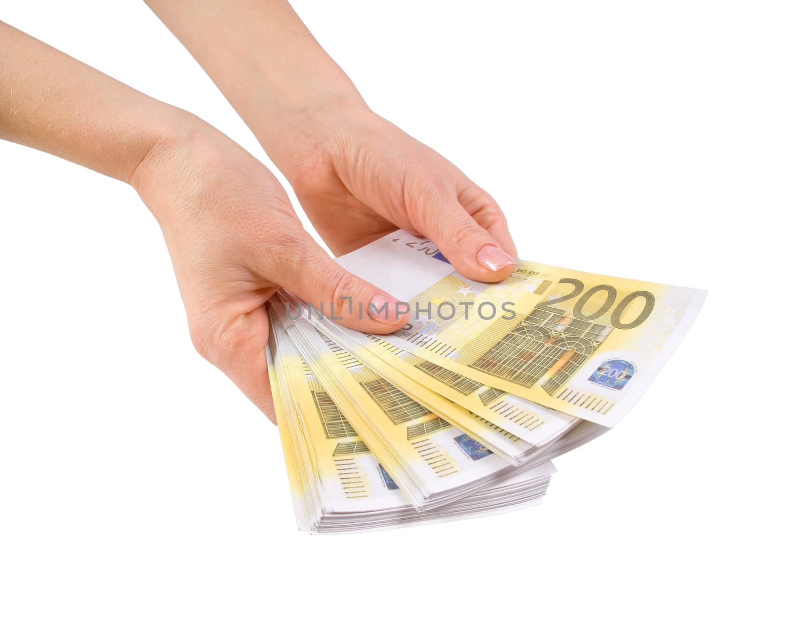 Hands with a bundle of banknotes two hundred euros by BIG_TAU