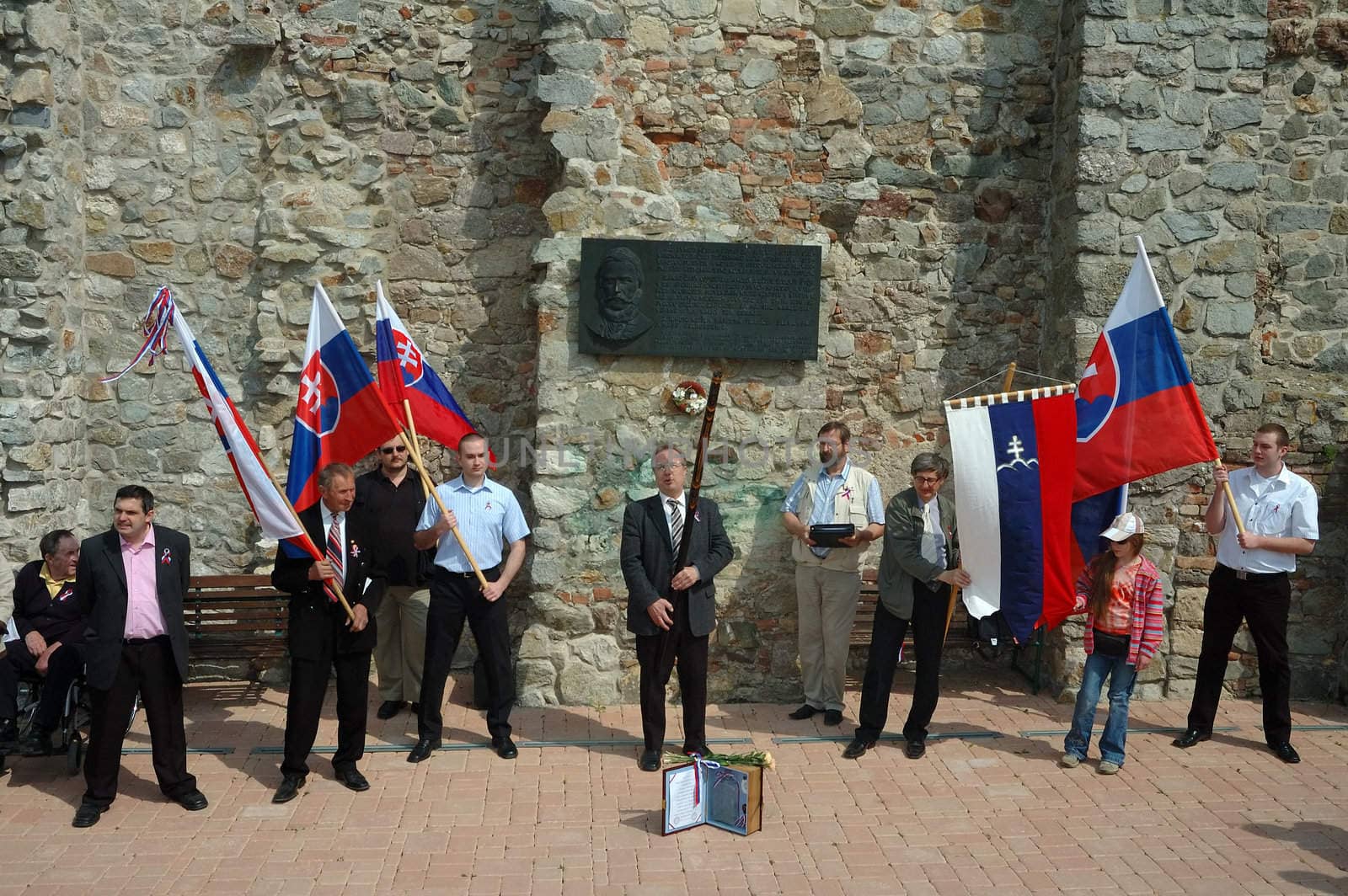slovak patriotic annual meeting at castle Devin ruins, association called 'Matica Slovenska', memory board of Ludovit Stur in background