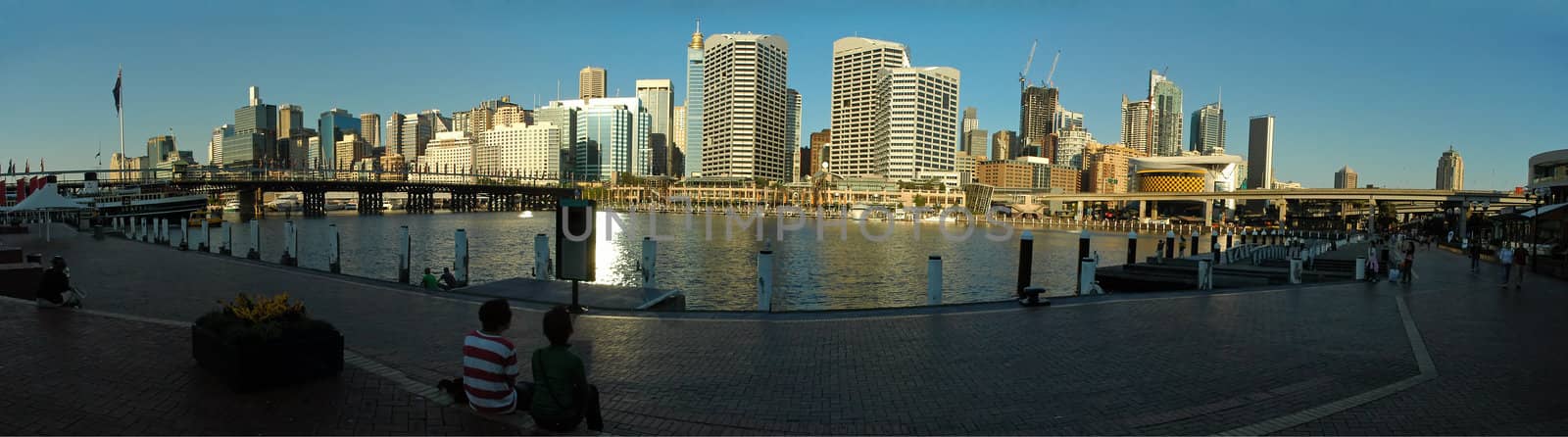 Darling Harbour panorama photo, an hour before sunset, Sydney, Australia