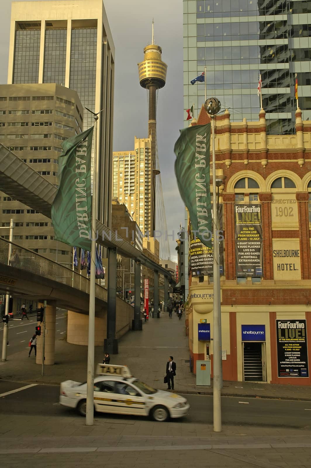 sydney tower viewed from darling harbour, monorail on right