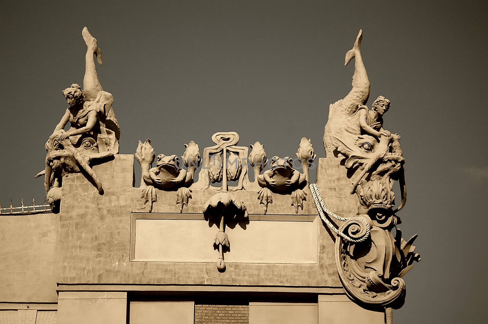 Chimera on the roof of house in city Kyiv. Ukraine.