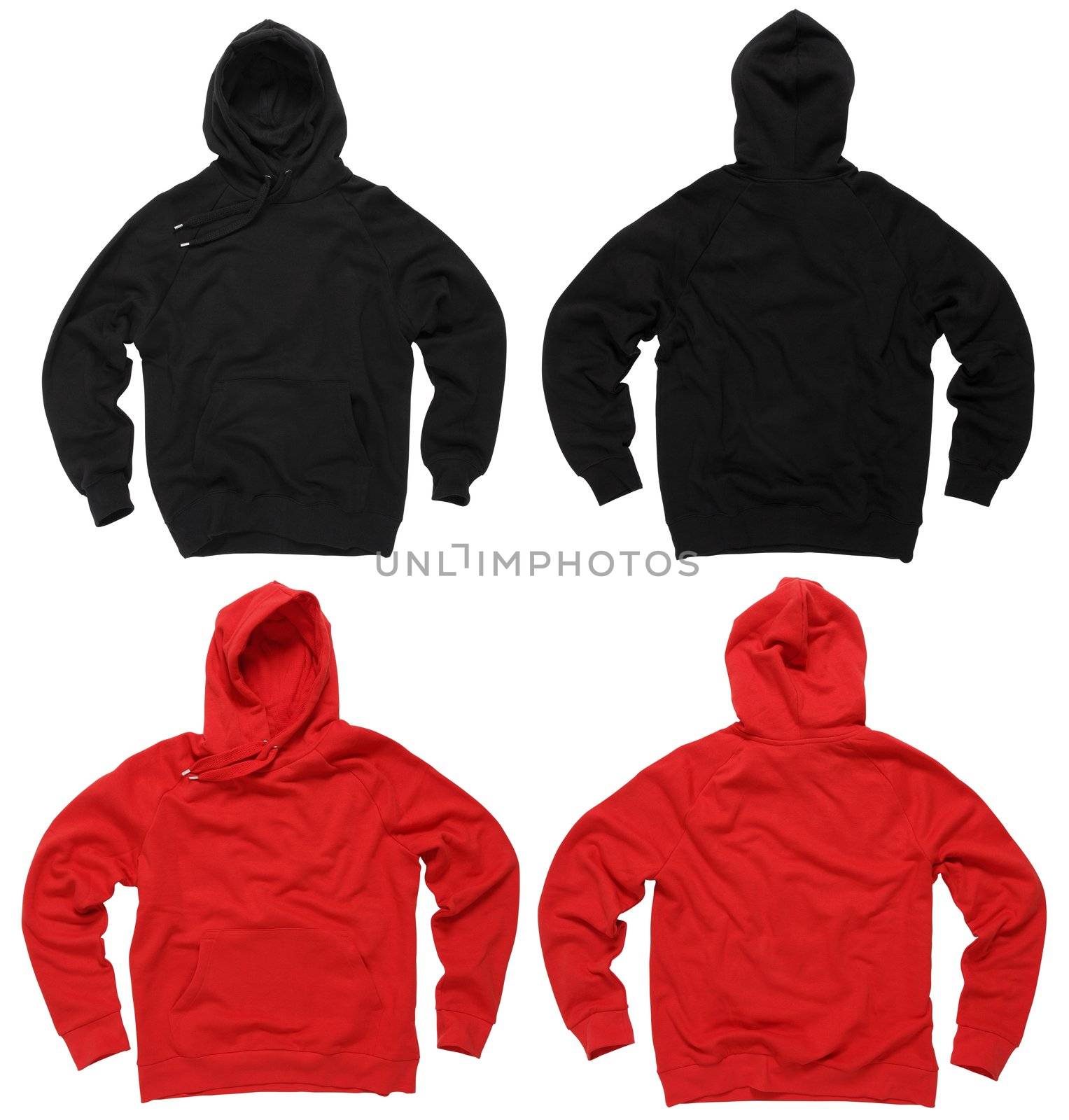 Photograph of two blank hoodie sweatshirts, red and black, front and back.  Clipping paths included.  Ready for your design or artwork.