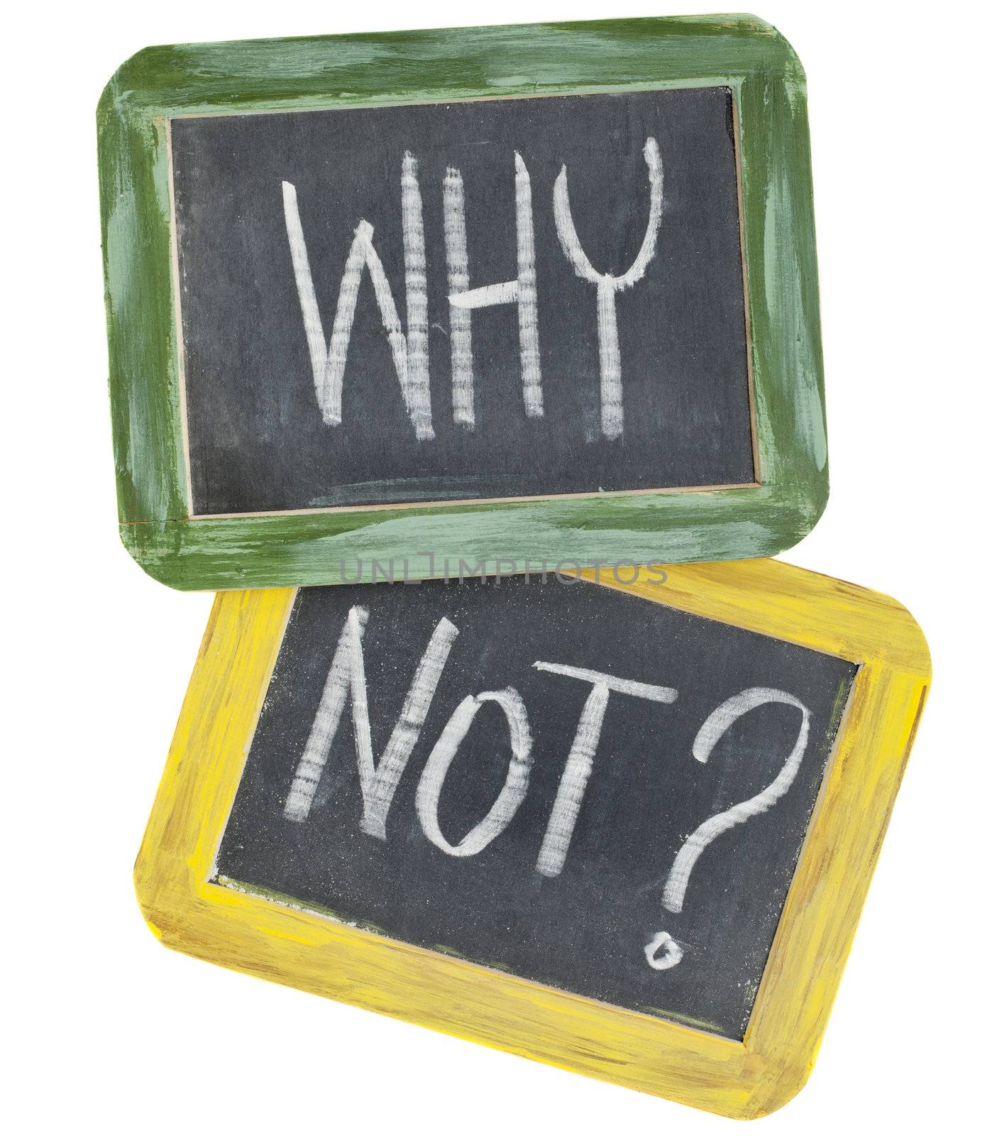 why not question or speculation  - white chalk text on two vintage slate blackboards, isolated on white