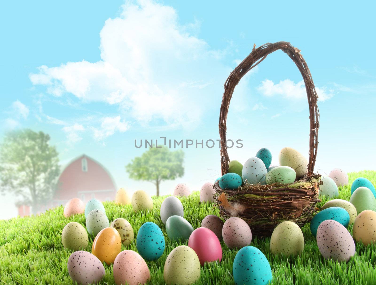 Colorful easter eggs with basket  in field of grass with blue sky