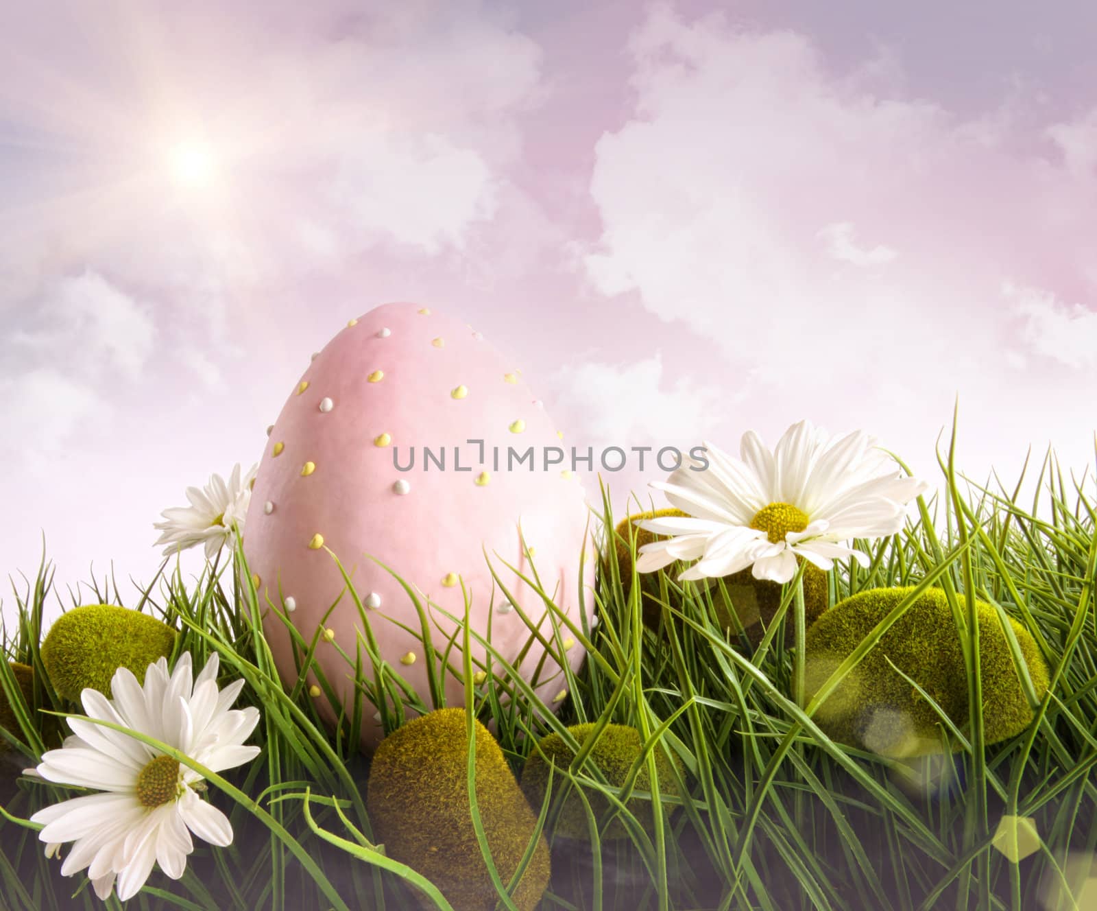 Large pink easter with flowers in tall grass by Sandralise